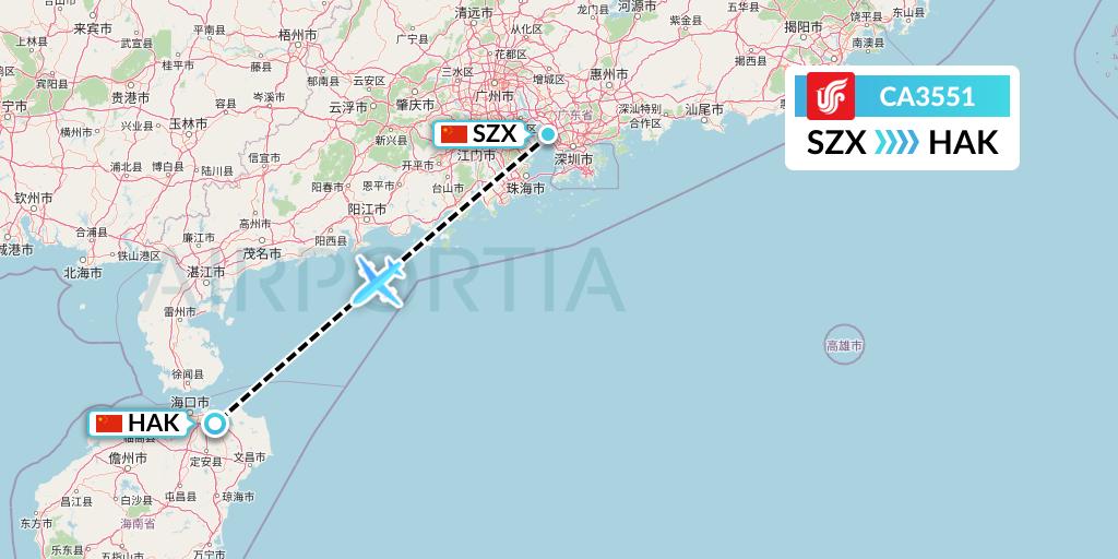 CA3551 Air China Flight Map: Shenzhen to Haikou