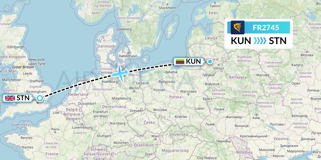 FR2745 Ryanair Flight Map: Kaunas to London