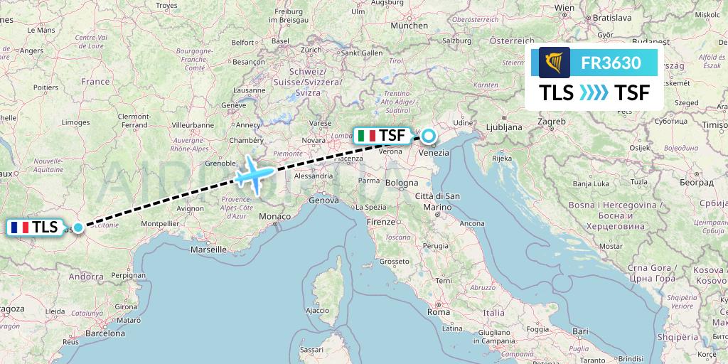 FR3630 Ryanair Flight Map: Toulouse to Treviso