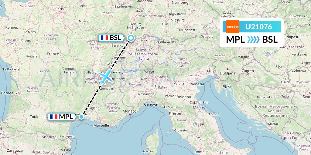 U21076 EasyJet Flight Map: Montpellier to Basel