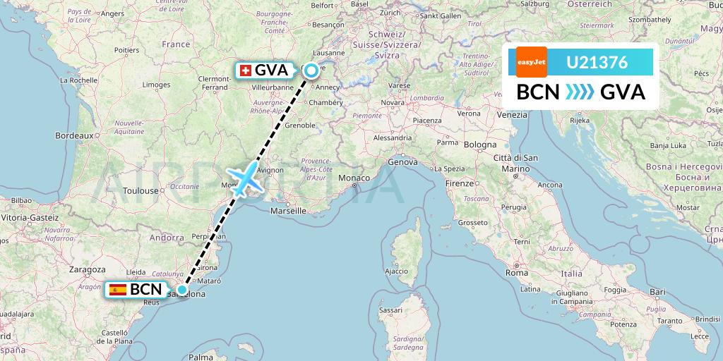U21376 EasyJet Flight Map: Barcelona to Geneva