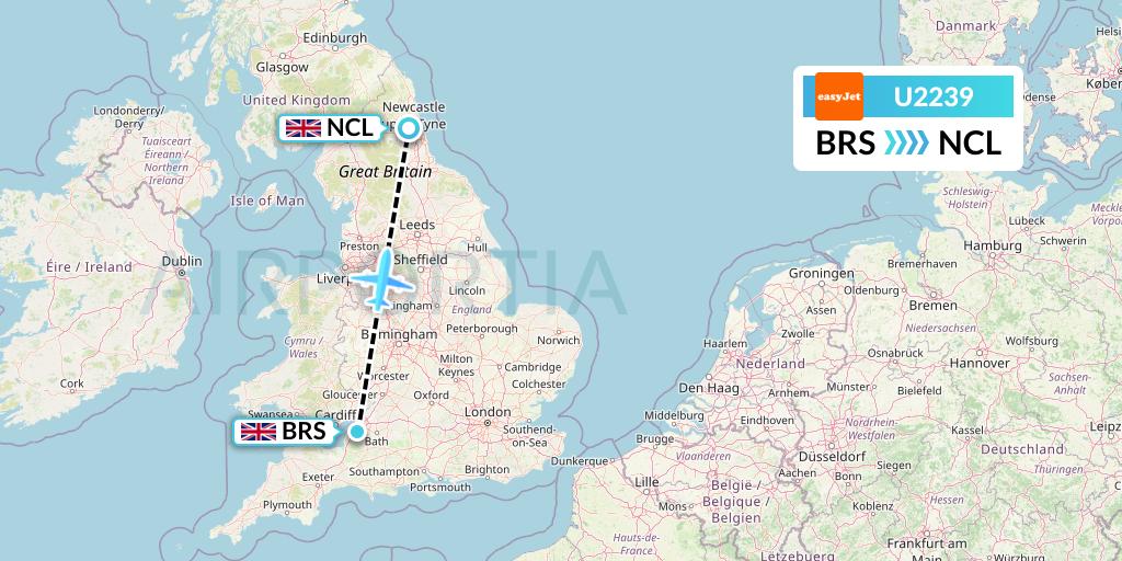 U2239 EasyJet Flight Map: Bristol to Newcastle