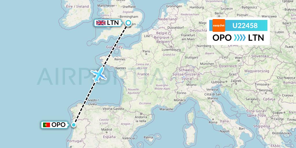 U22458 EasyJet Flight Map: Porto to London