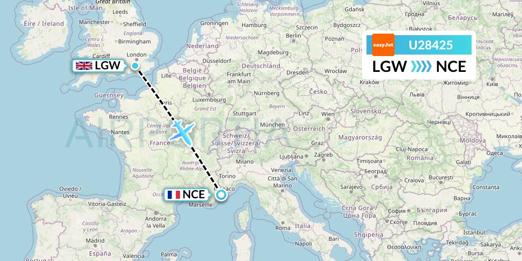 U28425 EasyJet Flight Map: London to Nice