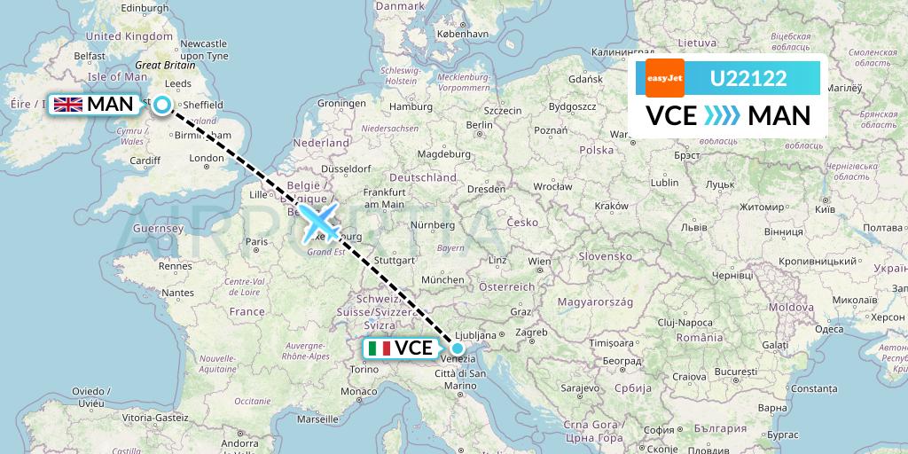 U22122 EasyJet Flight Map: Venice to Manchester