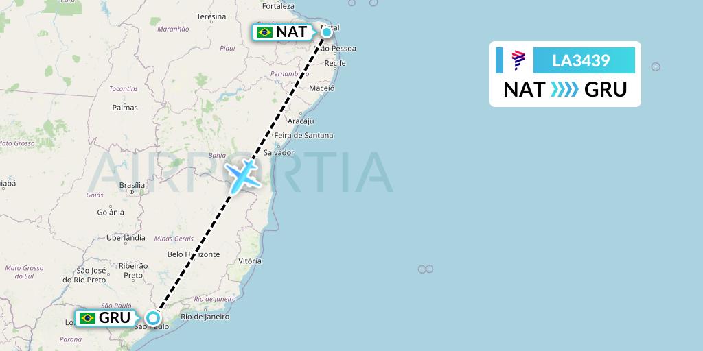 LA3439 LAN Airlines Flight Map: Natal to Sao Paulo