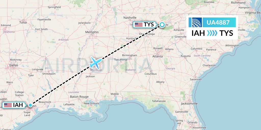 UA4887 United Airlines Flight Map: Houston to Knoxville