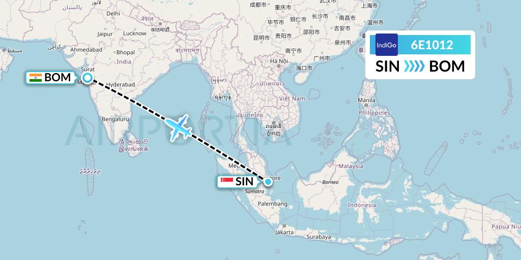 6E1012 IndiGo Airlines Flight Map: Singapore to Mumbai