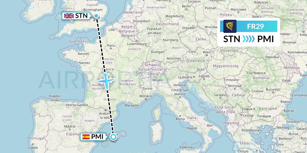 FR29 Ryanair Flight Map: London to Palma de Mallorca
