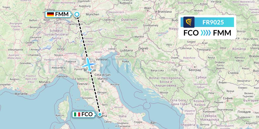 FR9025 Ryanair Flight Map: Rome to Memmingen