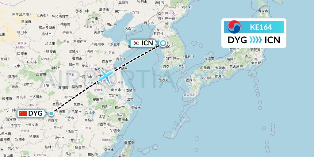 KE164 Korean Air Flight Map: Dayong to Seoul