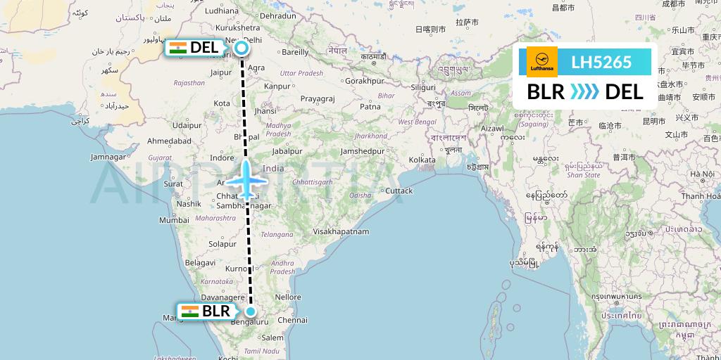 LH5265 Lufthansa Flight Map: Bangalore to Delhi