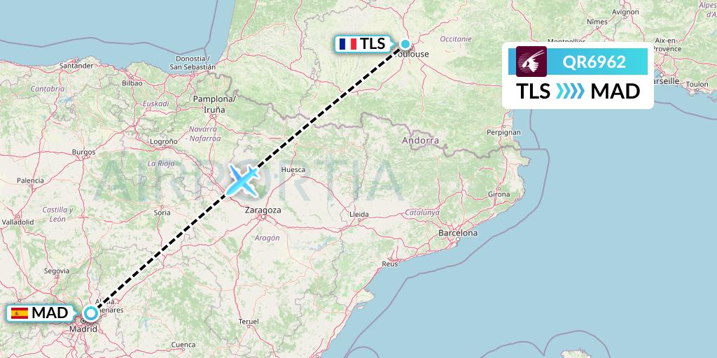 QR6962 Qatar Airways Flight Map: Toulouse to Madrid
