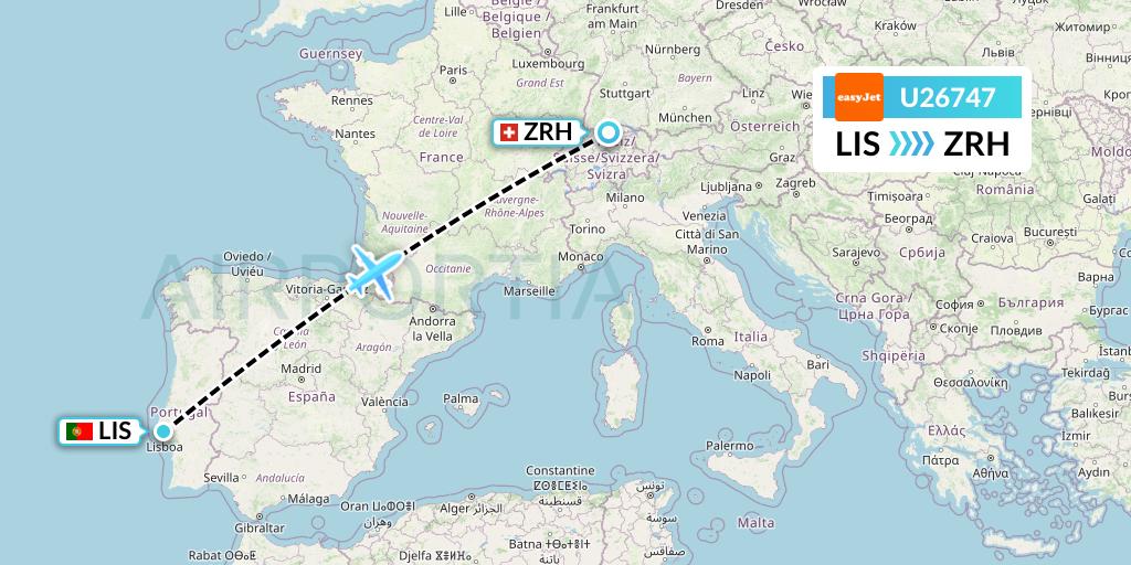 U26747 EasyJet Flight Map: Lisbon to Zurich
