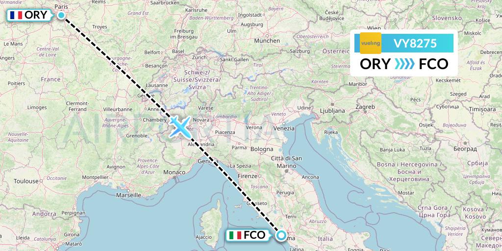 VY8275 Vueling Flight Map: Paris to Rome