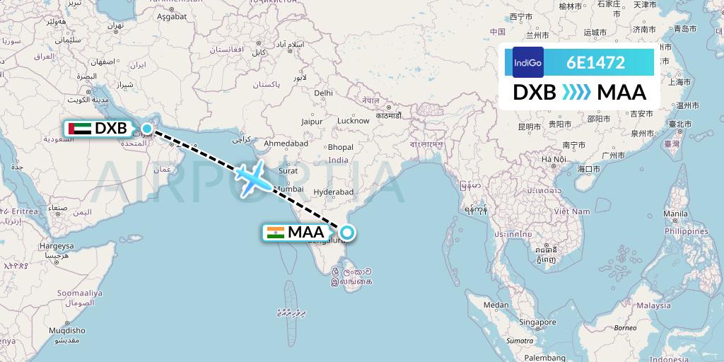 6E1472 IndiGo Airlines Flight Map: Dubai to Chennai