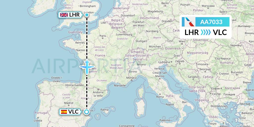 AA7033 American Airlines Flight Map: London to Valencia