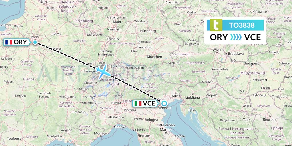 TO3838 Transavia France Flight Map: Paris to Venice