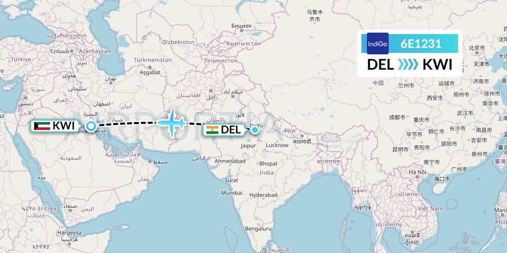 6E1231 IndiGo Airlines Flight Map: Delhi to Kuwait City