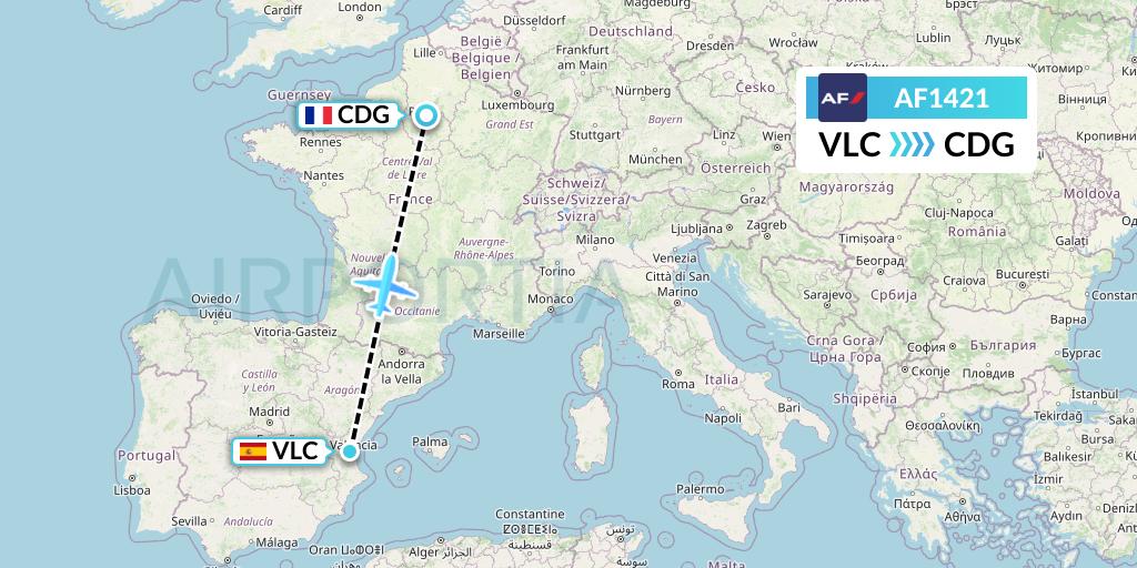 AF1421 Air France Flight Map: Valencia to Paris