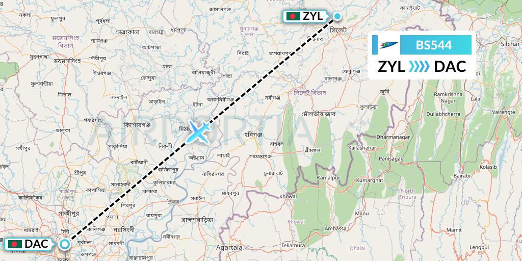BS544 US-Bangla Airlines Flight Map: Sylhet to Dhaka