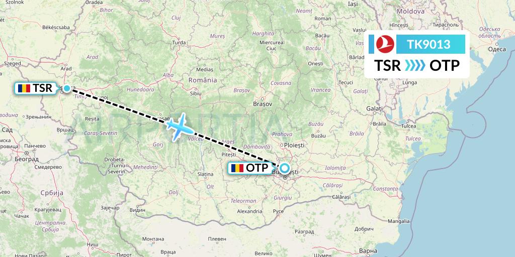 TK9013 Turkish Airlines Flight Map: Timisoara to Bucharest