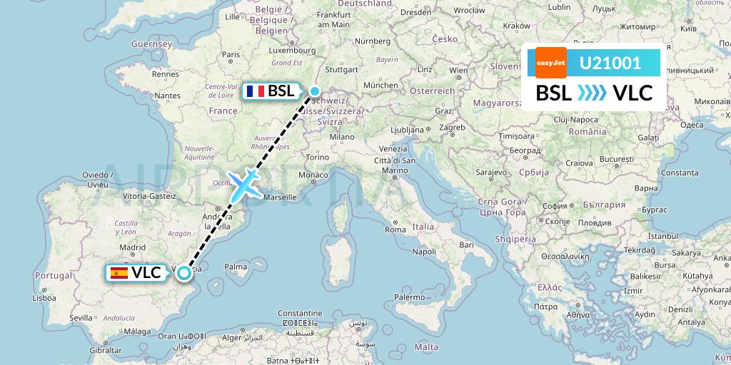 U21001 EasyJet Flight Map: Basel to Valencia