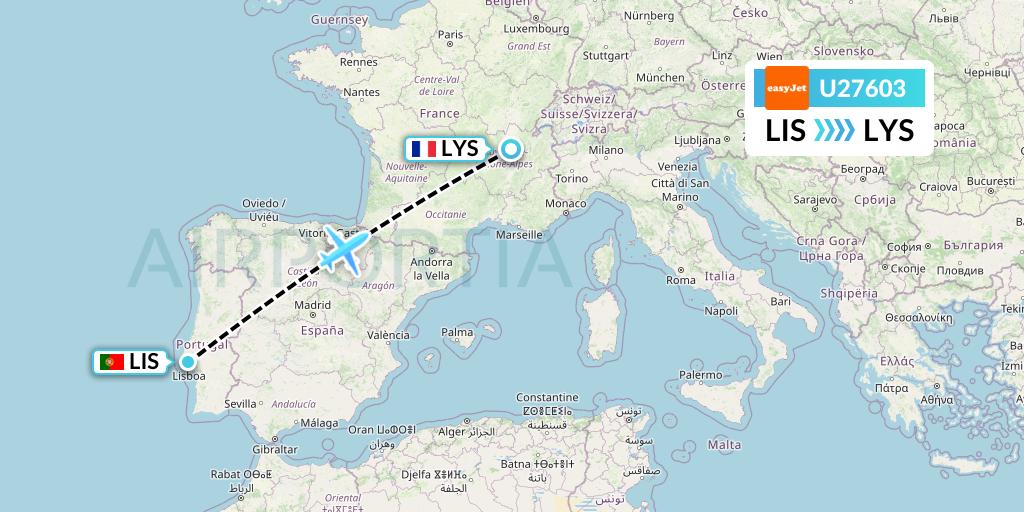 U27603 EasyJet Flight Map: Lisbon to Lyon