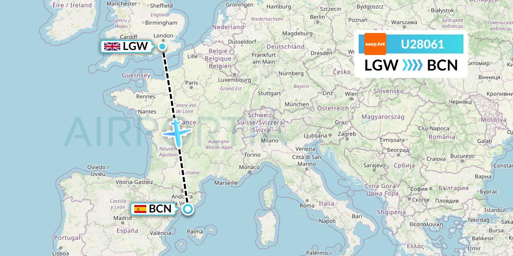 U28061 EasyJet Flight Map: London to Barcelona