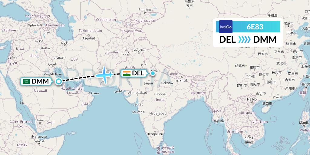 6E83 IndiGo Airlines Flight Map: Delhi to Dammam