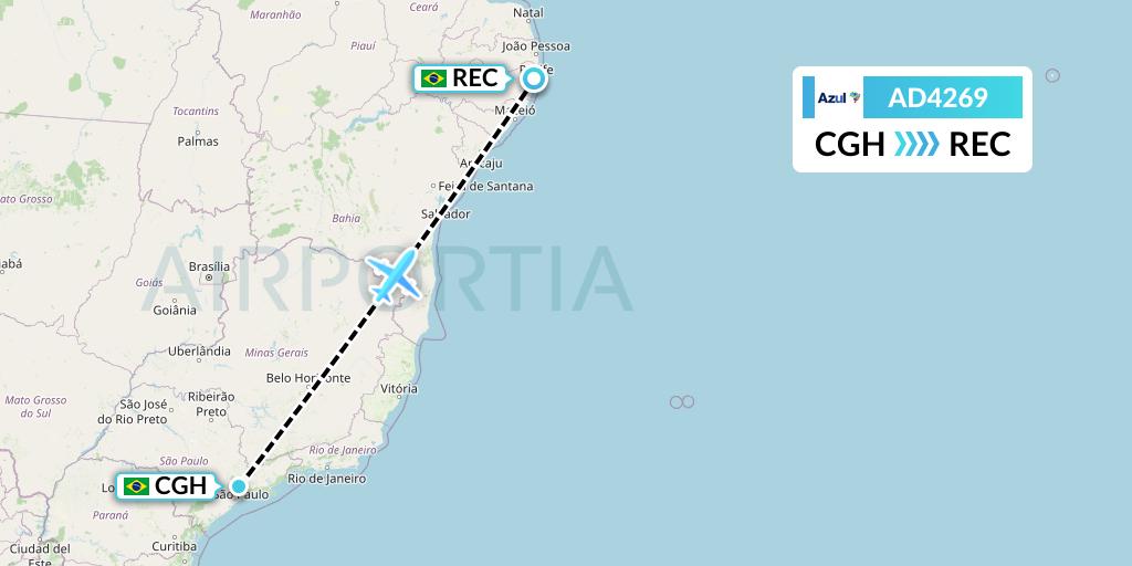 AD4269 Azul Brazilian Airlines Flight Map: Sao Paulo to Recife
