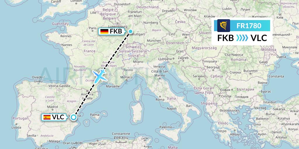 FR1780 Ryanair Flight Map: Karlsruhe/Baden-Baden to Valencia