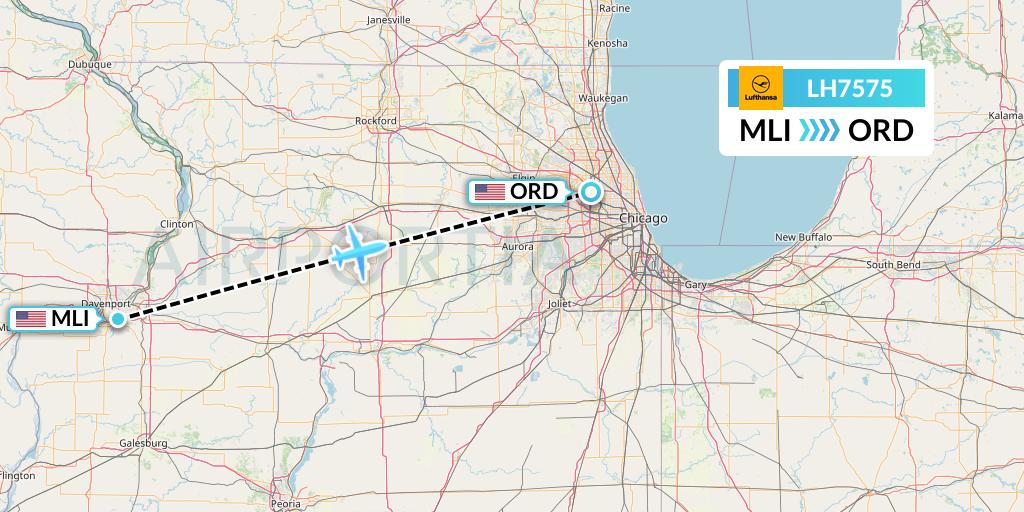 LH7575 Lufthansa Flight Map: Moline to Chicago