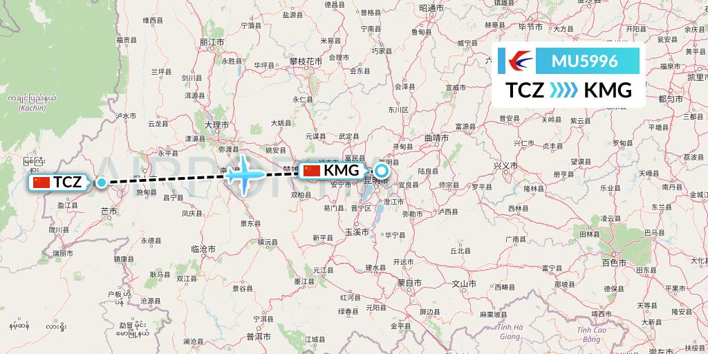 MU5996 China Eastern Airlines Flight Map: Tengchong to Kunming