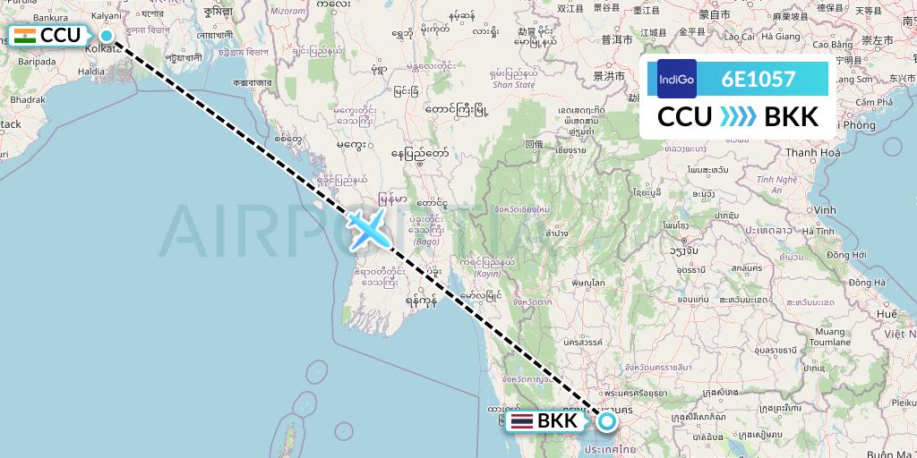 6E1057 IndiGo Airlines Flight Map: Kolkata to Bangkok