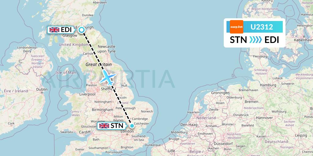 U2312 EasyJet Flight Map: London to Edinburgh