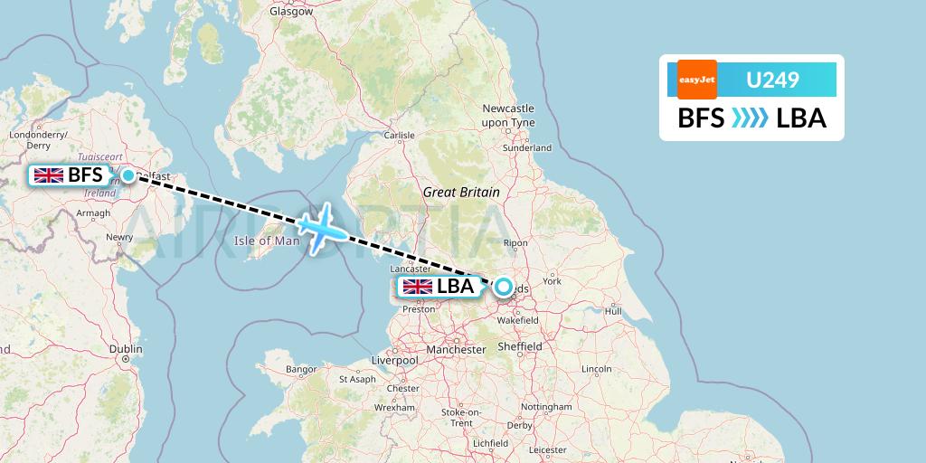 U249 EasyJet Flight Map: Belfast to Leeds