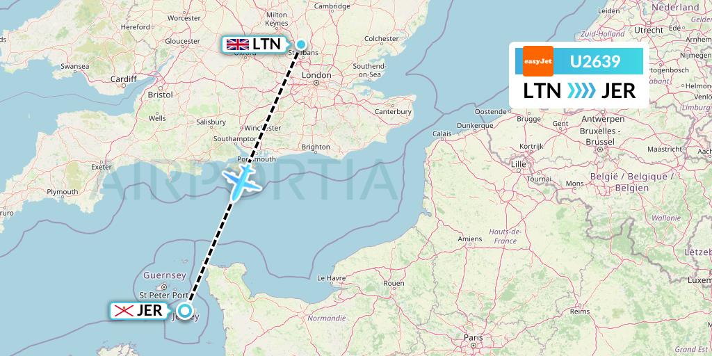 U2639 EasyJet Flight Map: London to Jersey
