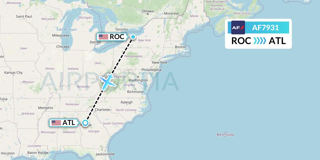 AF7931 Air France Flight Map: Rochester to Atlanta