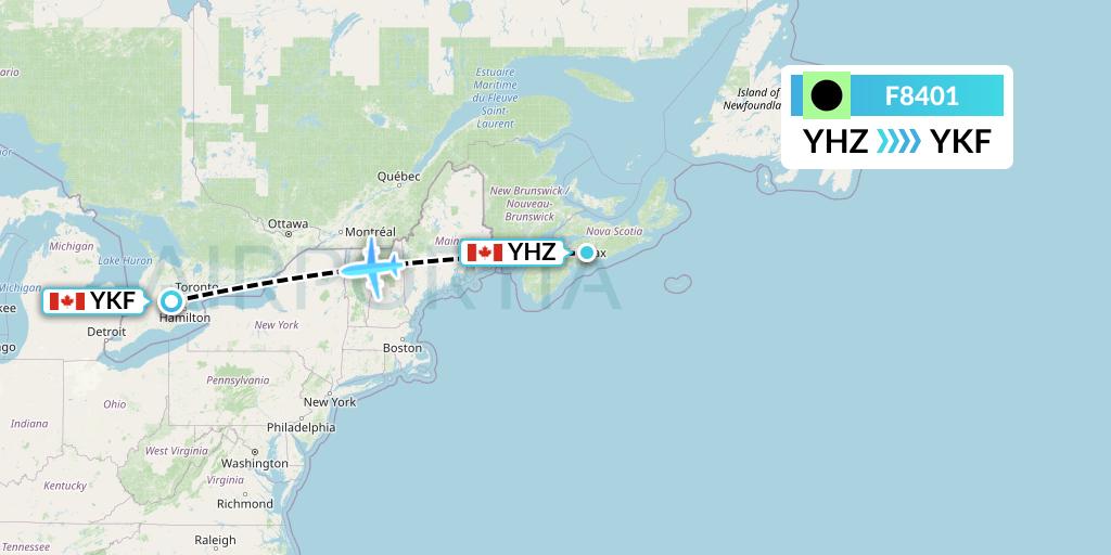 F8401 Flair Airlines Flight Map: Halifax to Waterloo