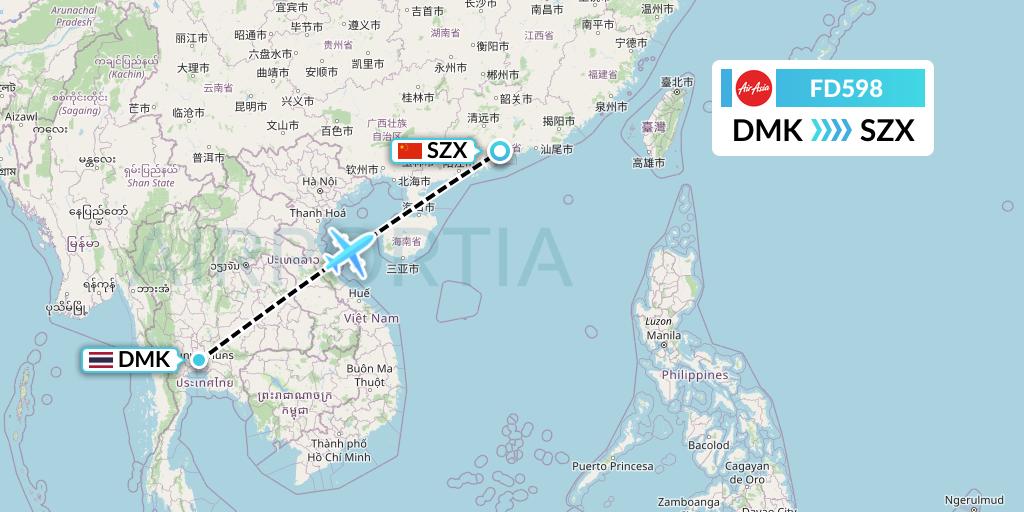 FD598 Thai AirAsia Flight Map: Bangkok to Shenzhen