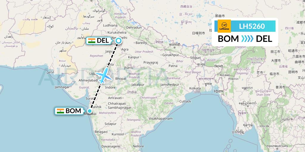 LH5260 Lufthansa Flight Map: Mumbai to Delhi