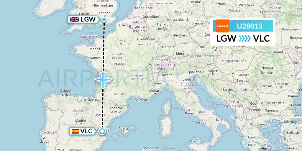 U28013 EasyJet Flight Map: London to Valencia