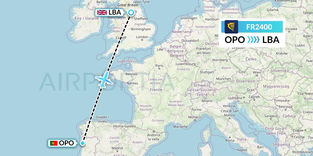 FR2400 Ryanair Flight Map: Porto to Leeds