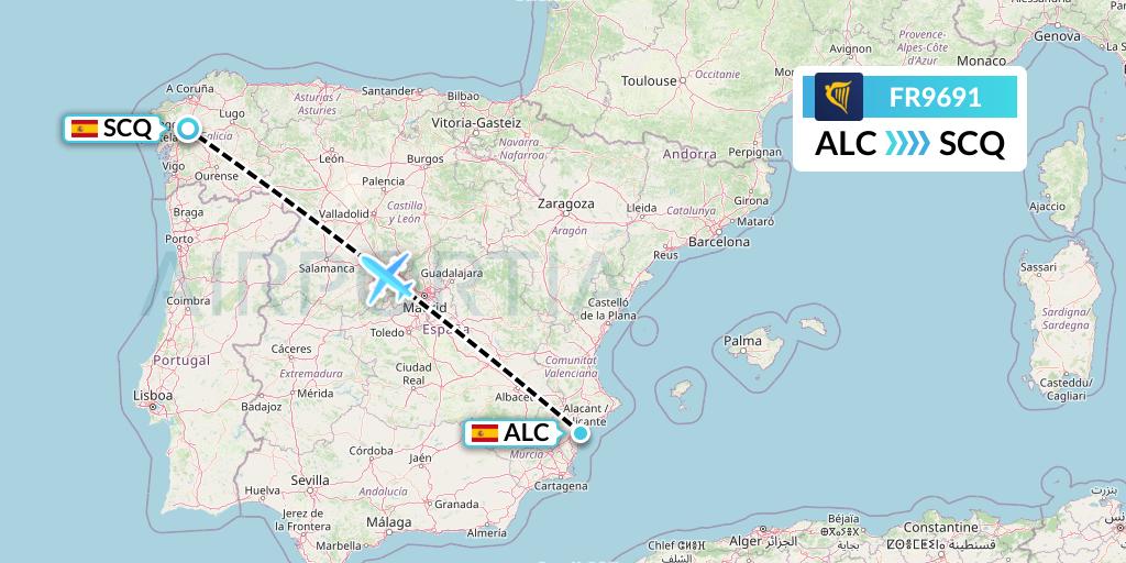 FR9691 Ryanair Flight Map: Alicante to Santiago