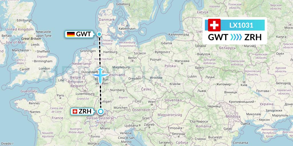 LX1031 Swiss Flight Map: Sylt to Zurich