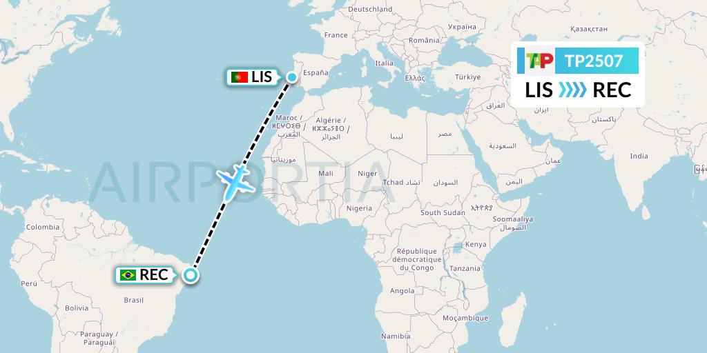 TP2507 TAP Portugal Flight Map: Lisbon to Recife