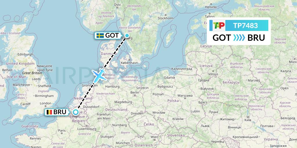 TP7483 TAP Portugal Flight Map: Gothenburg to Brussels