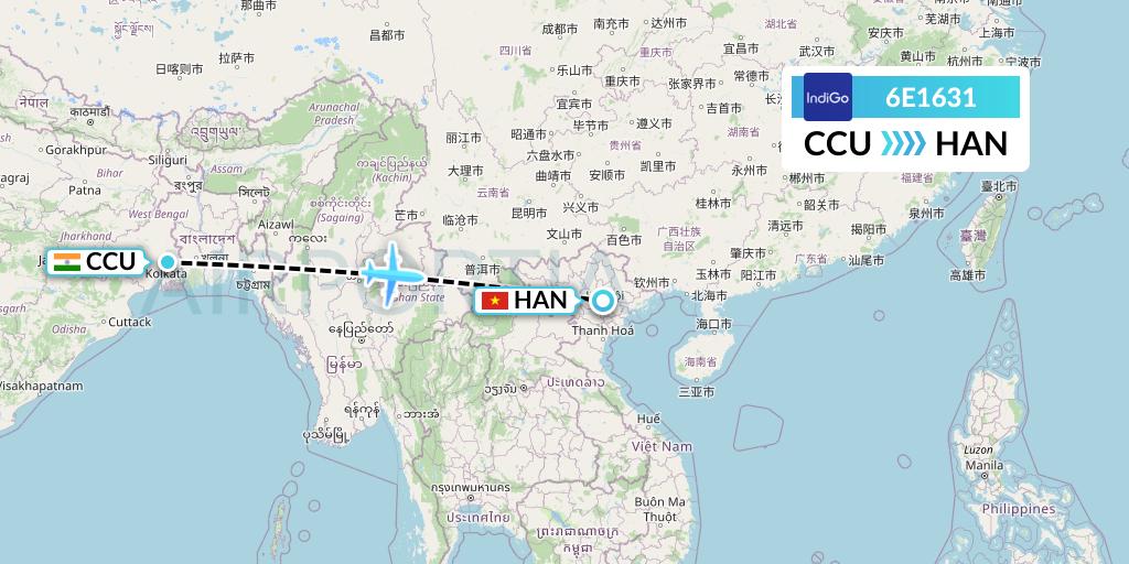 6E1631 IndiGo Airlines Flight Map: Kolkata to Hanoi
