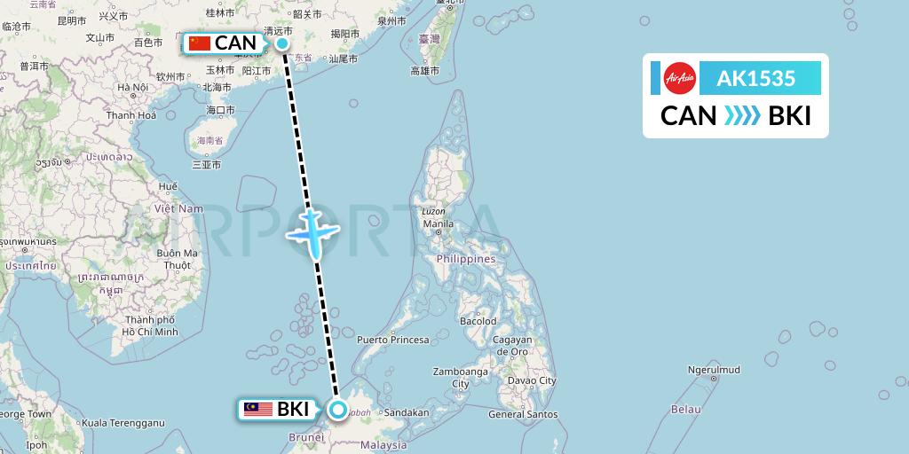 AK1535 AirAsia Flight Map: Guangzhou to Kota Kinabalu